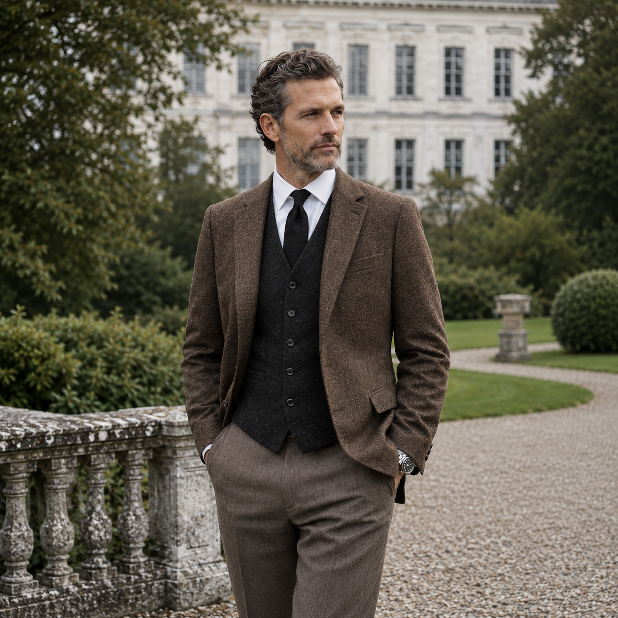 Tweed Weste- Einreiher Simply Black