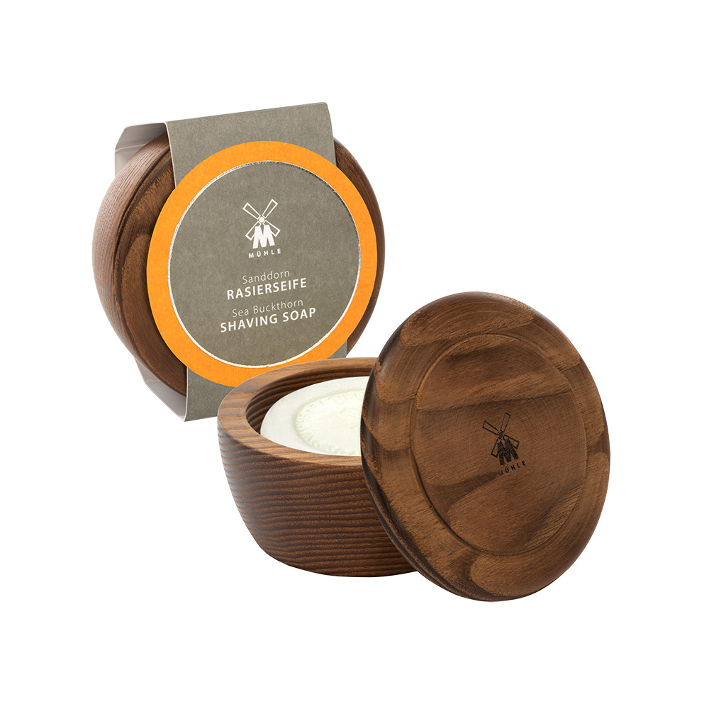 Holzschale Esche mit Rasierseife Sanddorn 65g