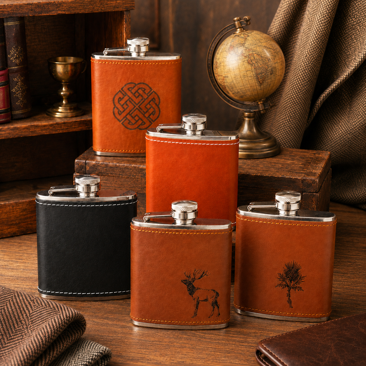Edelstahl- Flachmann 6 oz mit Lederbezug