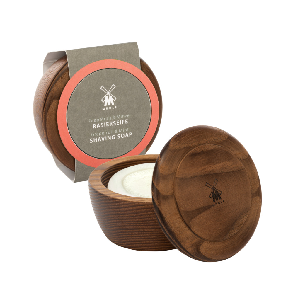Holzschale Esche mit Rasierseife Grapefruit/Mint 65g